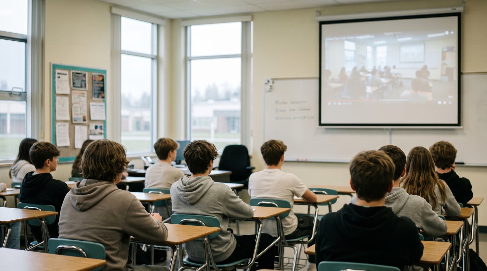 A class in Denver, seen from behind, watches the video that has arrived on the screen
